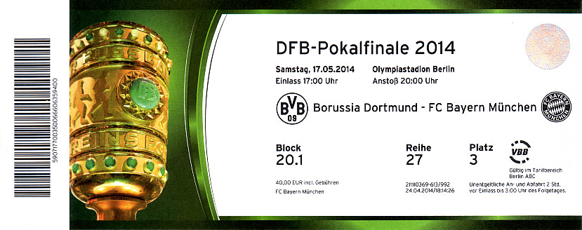 Karte DFB Pokalendspiel 2014 - Originalgröße - Borussia Dortmund - FC Bayern Mnchen