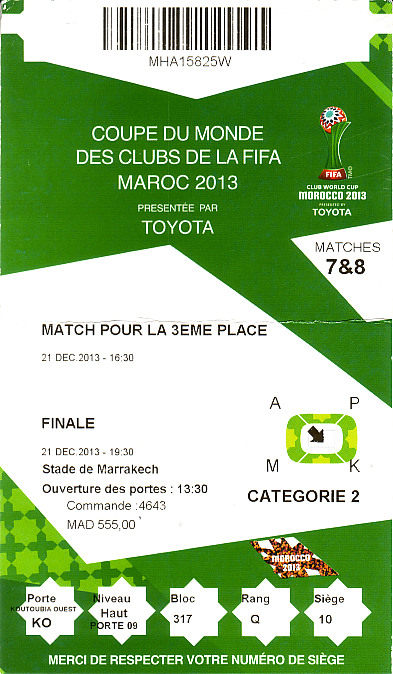 Karte Fifa Club World Cup 2013 - Originalgröße - FC Bayern Mnchen -